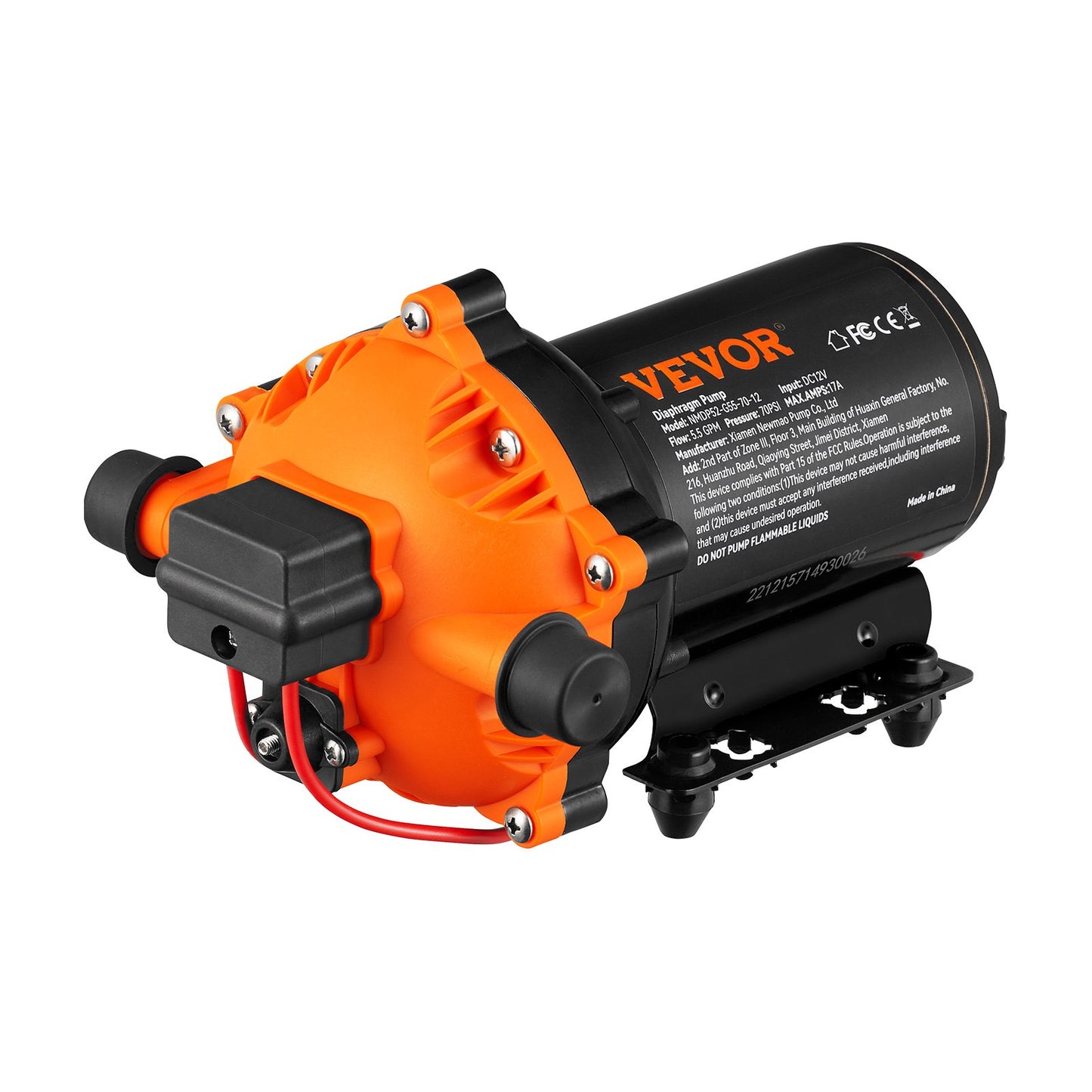 Water Diaphragm Pump, 12V DC, 5.5 GPM Flow, 70 PSI Rated Pressure (40-100 PSI Adjustable), 1/2" MNPT Self Priming Sprayer Pump With Pressure Switch For RV Camper Marine Boat Lawn, FCC Certified