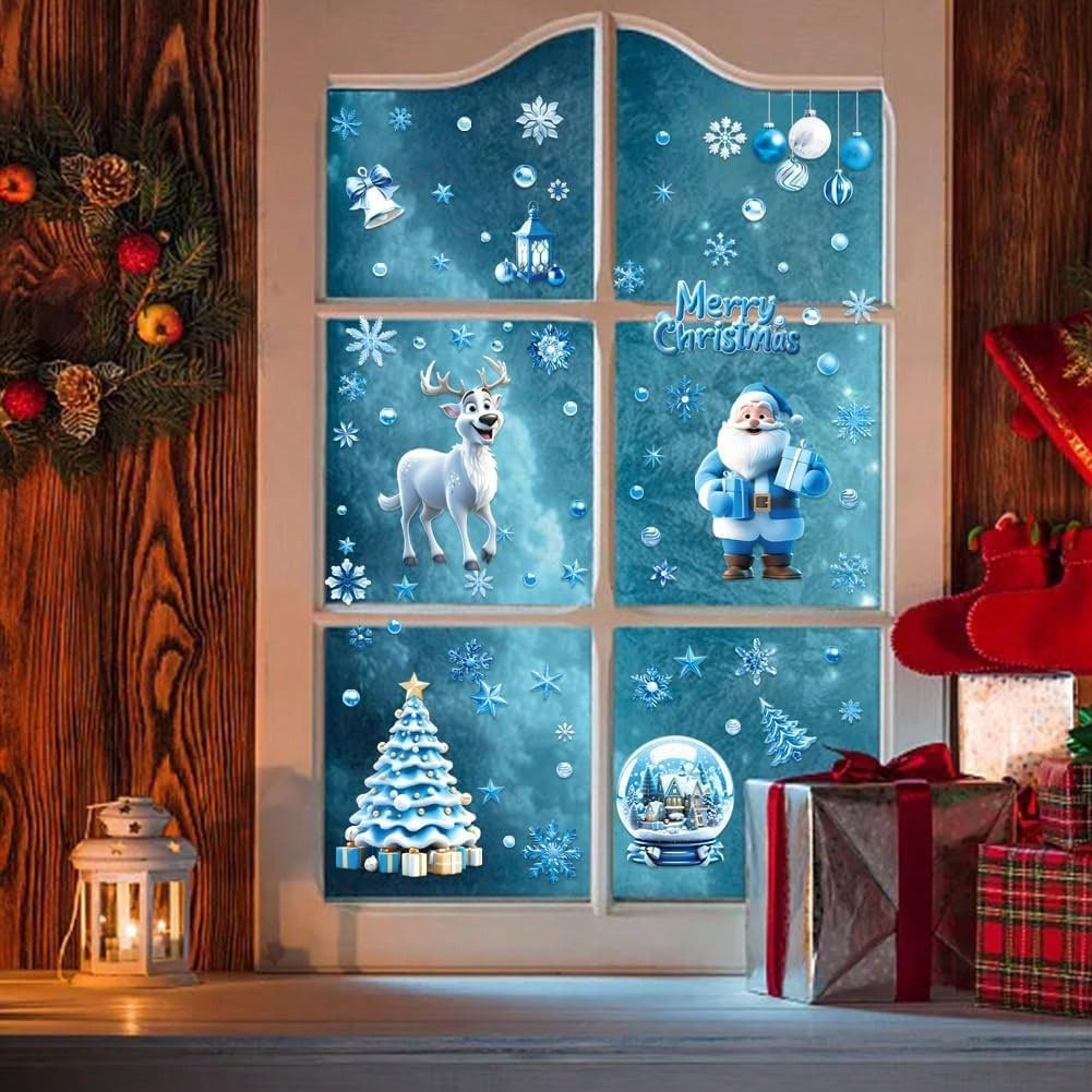 9 Sheets Christmas Window Stickers Blue Gnome Double-Sided Printed Xmas Self-Adhesive Window Sticker PVC Snowflakes Window Sticker For Christmas Home Window Indoor Garden Decoration