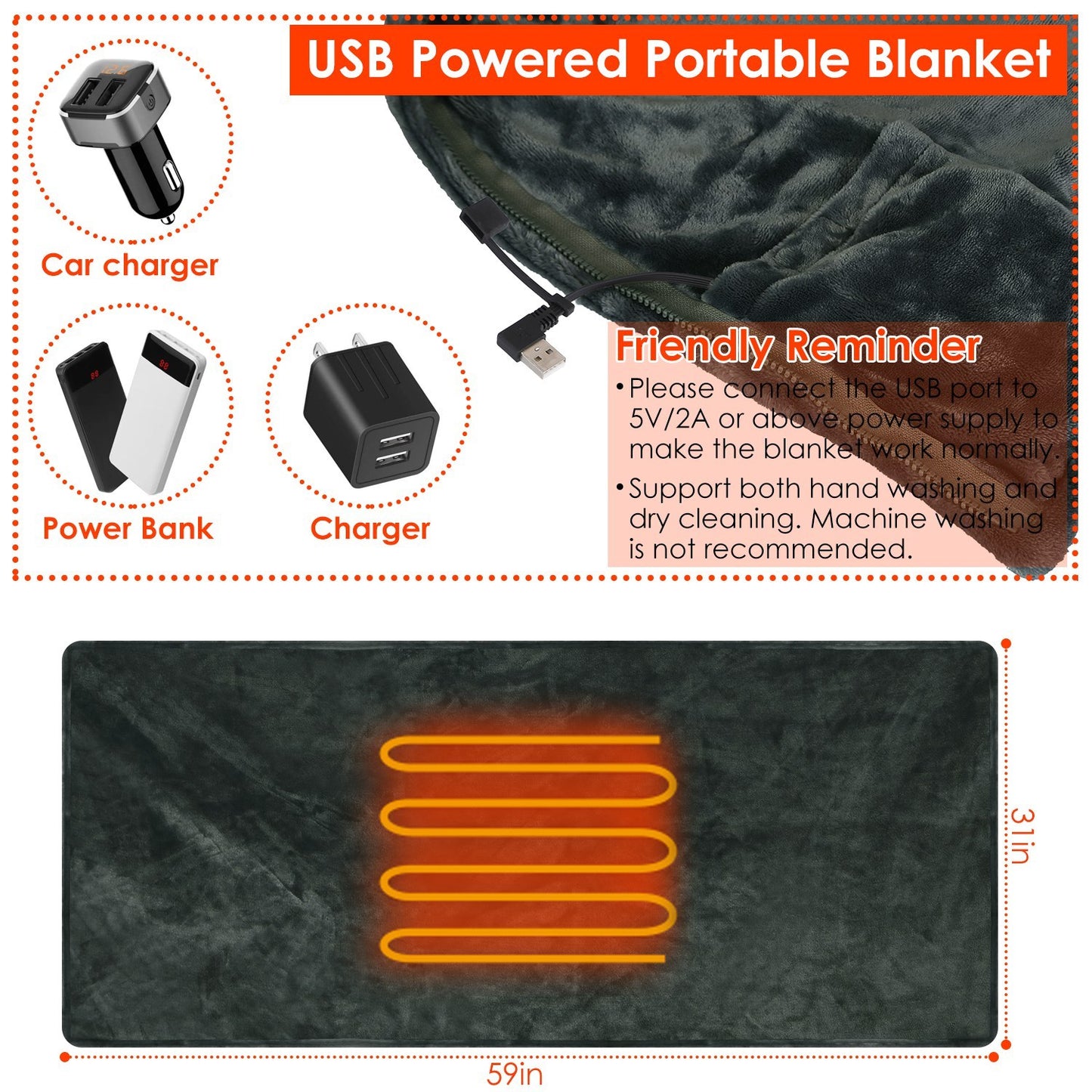 1Pc  59x31in USB Heated Blanket Electric Heated Blanket Heated Poncho Shawl Wrap Throw With Zipper Washable For Home Office