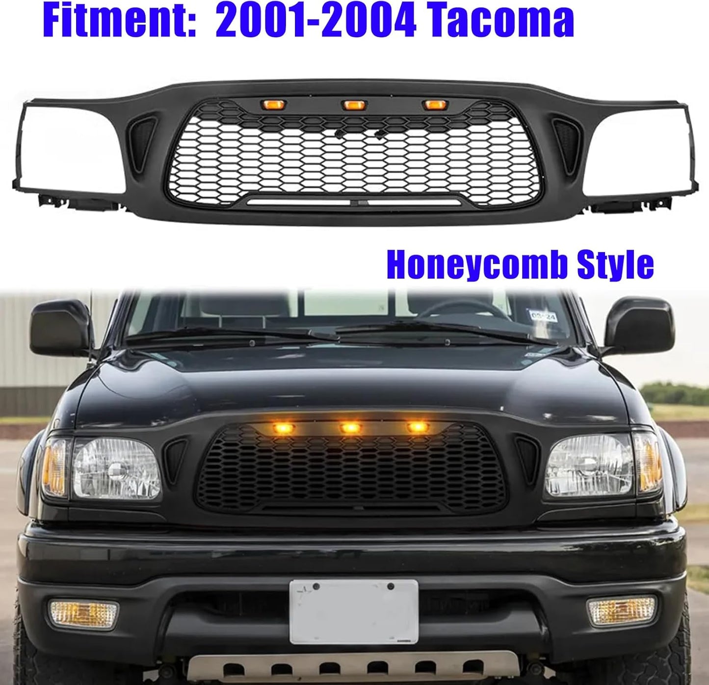Front Grille Fits For Tacoma 2001 2002 2003 2004 With Amber LED Accent Lights Matte Black