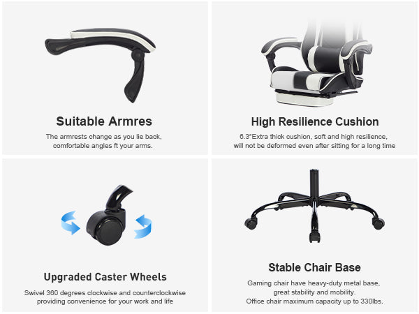 Gaming Chair With Footrest, Ergonomic Computer Chair With Headrest And Lumbar Support, Breathable Material Height Adjustable Video Game Chairs For Adults, Black White