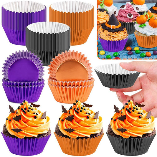 300 Pcs Halloween Foil Cupcake Liners Black Purple Orange Foil Metallic Cupcake Wrappers Halloween Party Standard For Halloween Party Birthday