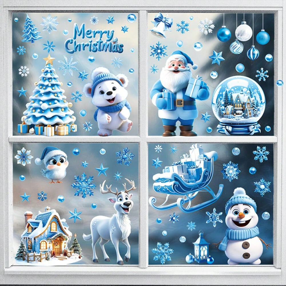 9 Sheets Christmas Window Stickers Blue Gnome Double-Sided Printed Xmas Self-Adhesive Window Sticker PVC Snowflakes Window Sticker For Christmas Home Window Indoor Garden Decoration