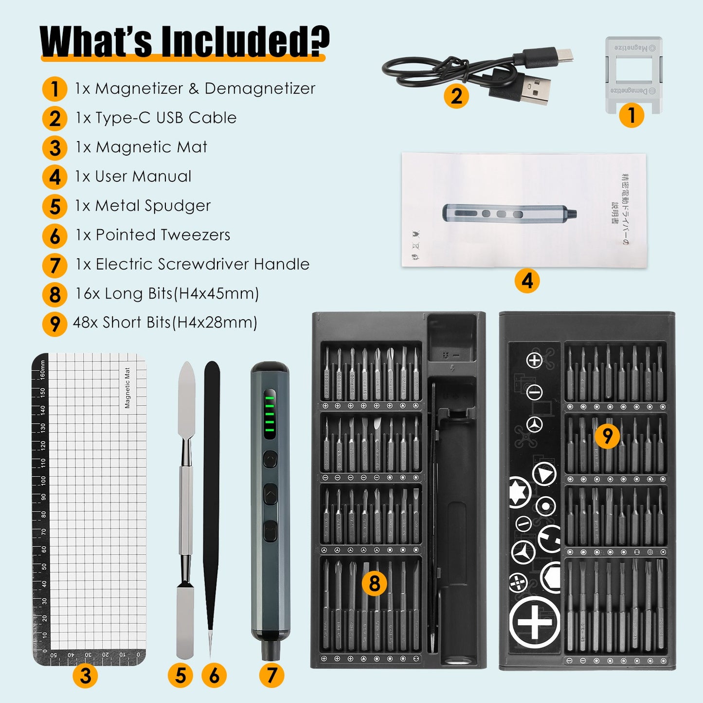 1Set 70 In 1 3.7V Mini Electric Screwdriver Kit Rechargeable Magnetic Repair Tool Kit With 5 Torque Settings 64 S2 Precision Bits 4 LED Lights For Phone Camera Laptop Watch Repair