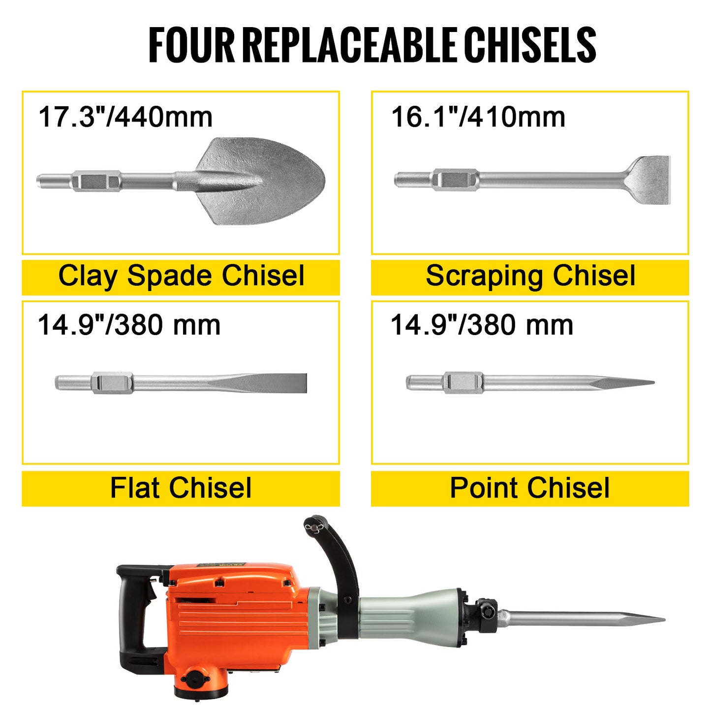 Demolition Jack Hammer, 2200W 1400 BPM Jack Hammer Concrete Breaker, Heavy Duty Electric Jack Hammer 6pcs Chisels Bit With Gloves, Swiveling Front Handle For Trenching And Breaking Holes