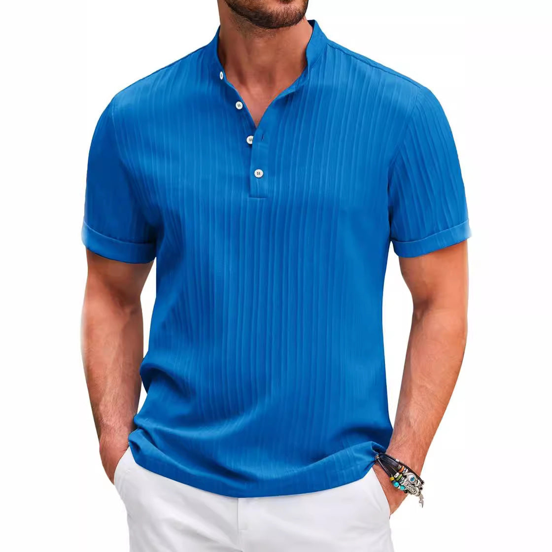 Summer Stand Collar Buttons Short Sleeve T-shirt Solid Color Stripe POLO Shirt Fashion Casual Beach Clothing For Men