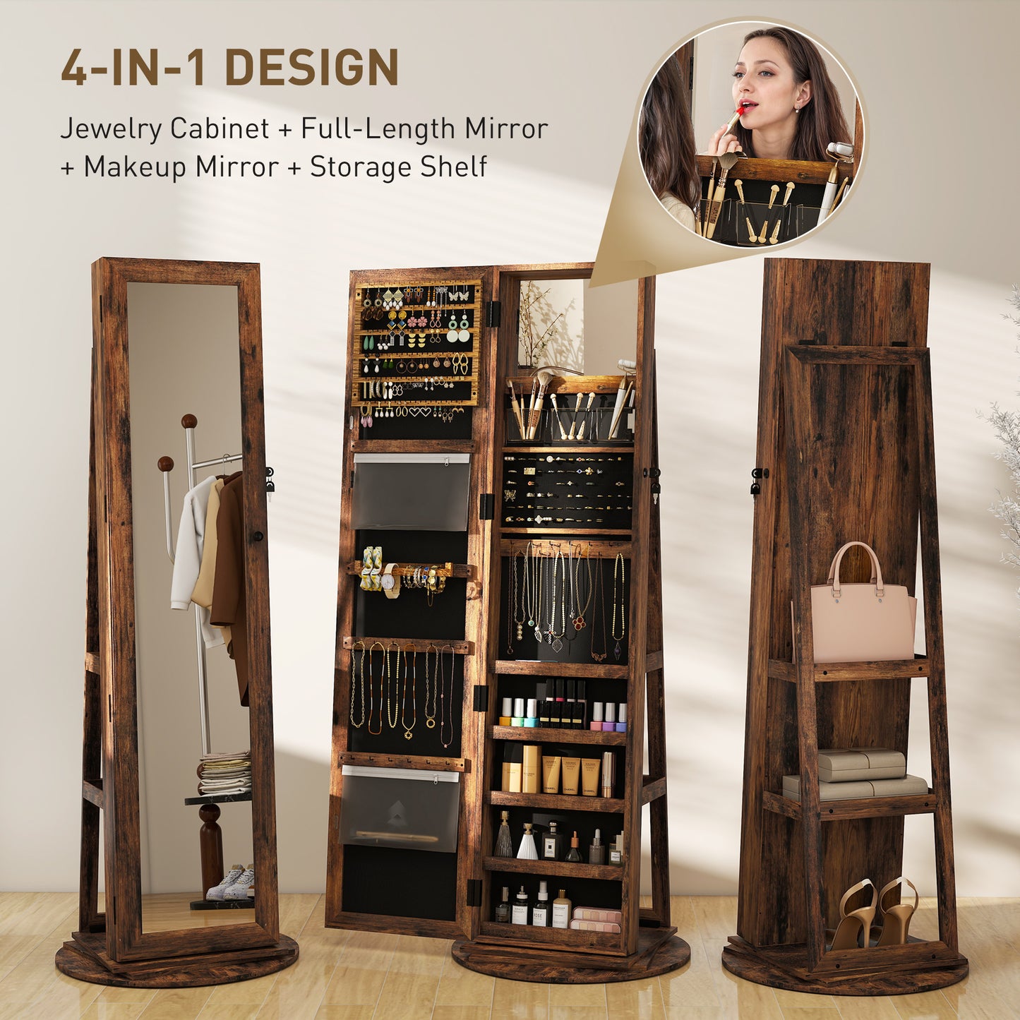 360 Swivel Jewelry Armoire, Lockable Jewelry Cabinet With Full-Length Mirror, Storage Shelves, Rustic Brown