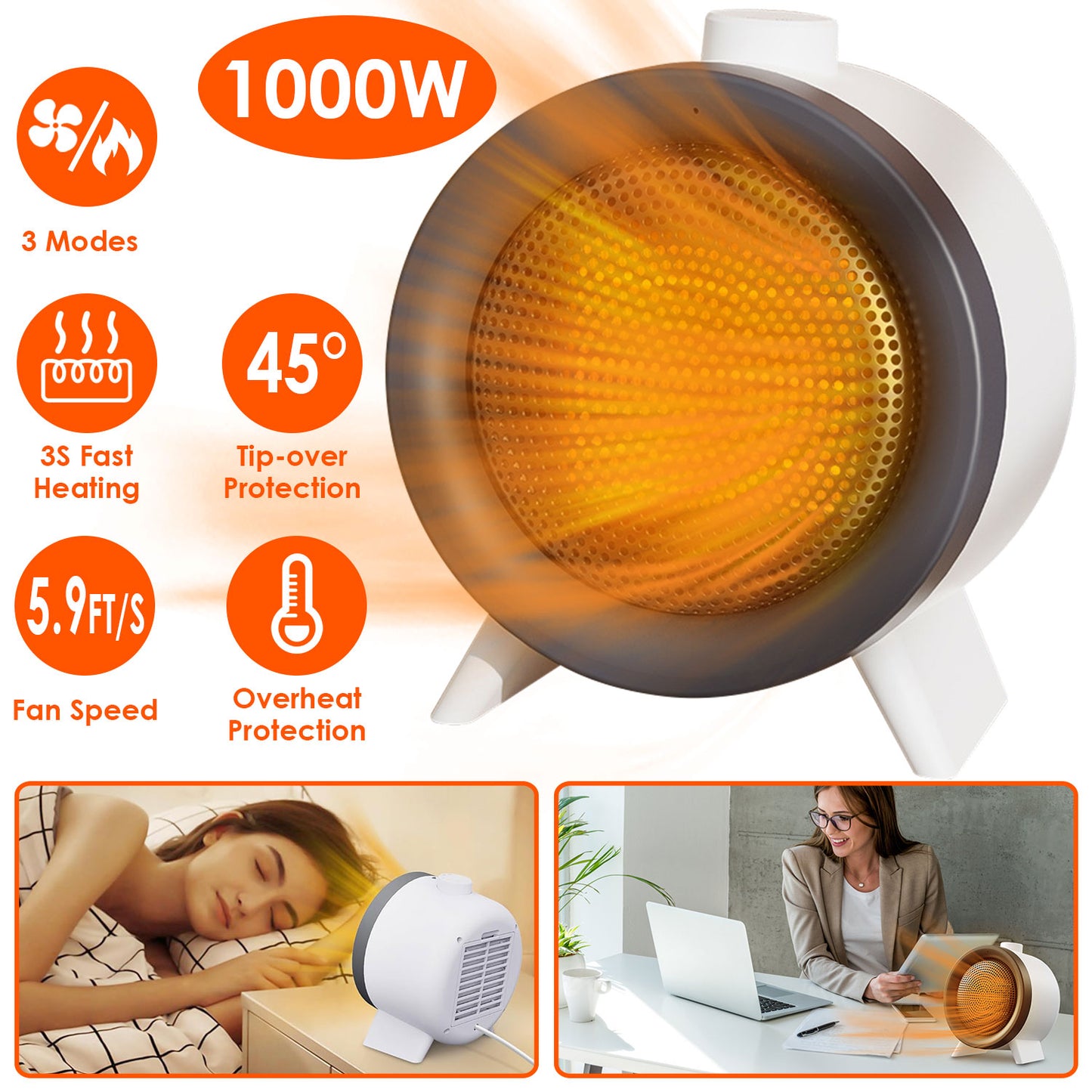 1Pc  Electric Space Heater Ceramic Heater Fan Heating Fan With 3 Modes 3S Fast Heating Tip-over Overheating Protection For Home Office Dormitry