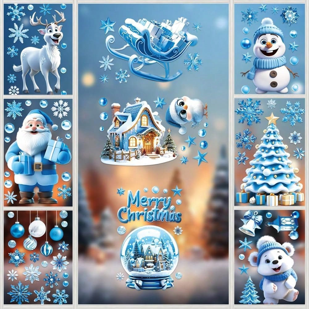 9 Sheets Christmas Window Stickers Blue Gnome Double-Sided Printed Xmas Self-Adhesive Window Sticker PVC Snowflakes Window Sticker For Christmas Home Window Indoor Garden Decoration