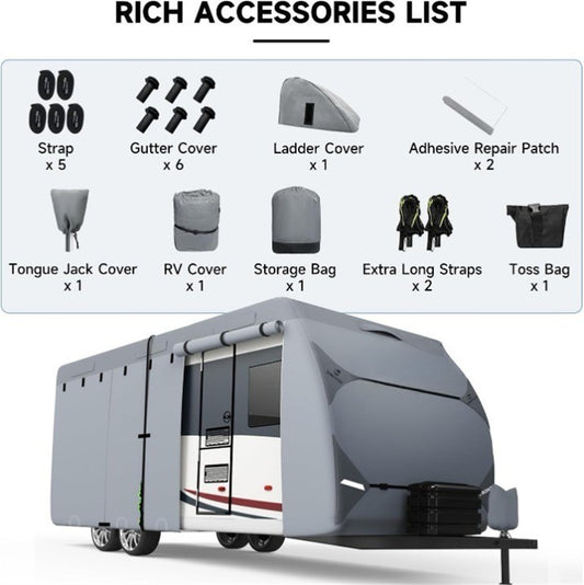 RV Cover, Upgraded 7 Layers Top Travel Trailer Cover, Waterproof Camper Cover For Toy Hauler With Tongue Jack Cover, Gutter Covers
