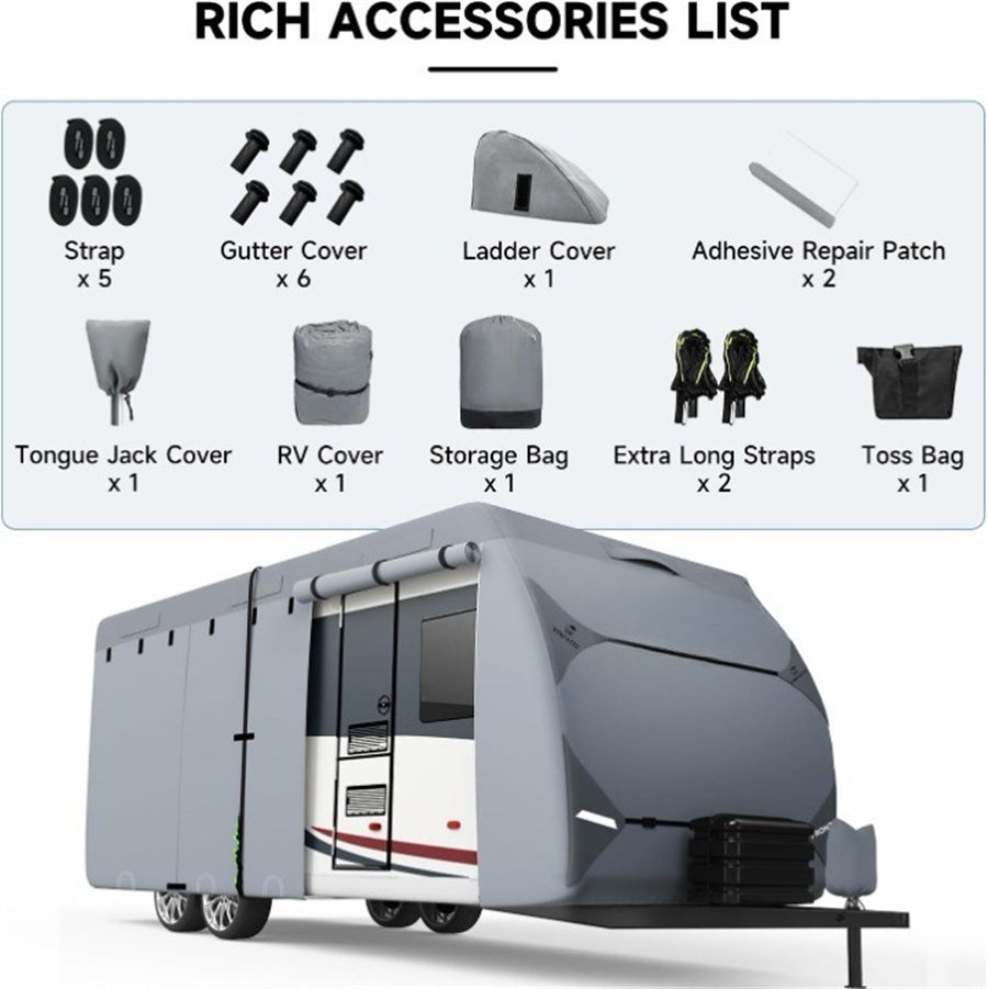 RV Cover, Upgraded 7 Layers Top Travel Trailer Cover, Waterproof Camper Cover For Toy Hauler With Tongue Jack Cover, Gutter Covers