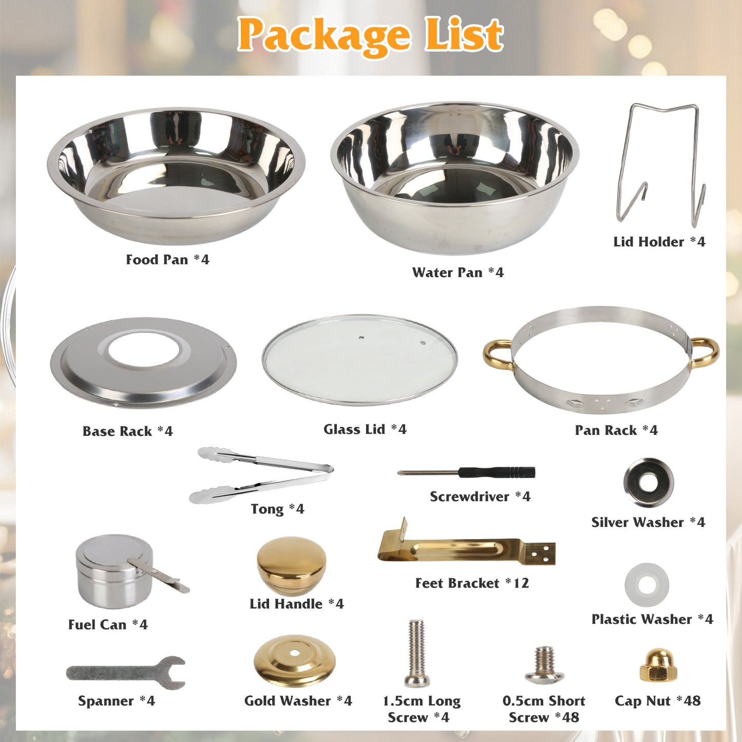 4Pcs Chafing Dish Buffet Set 4.76QT Round Buffet Servers Food Warmer Stainless Steel Catering Chafer With Glass Lid For Warming Cooling Gatherings Banquets Buffets Party Wedding