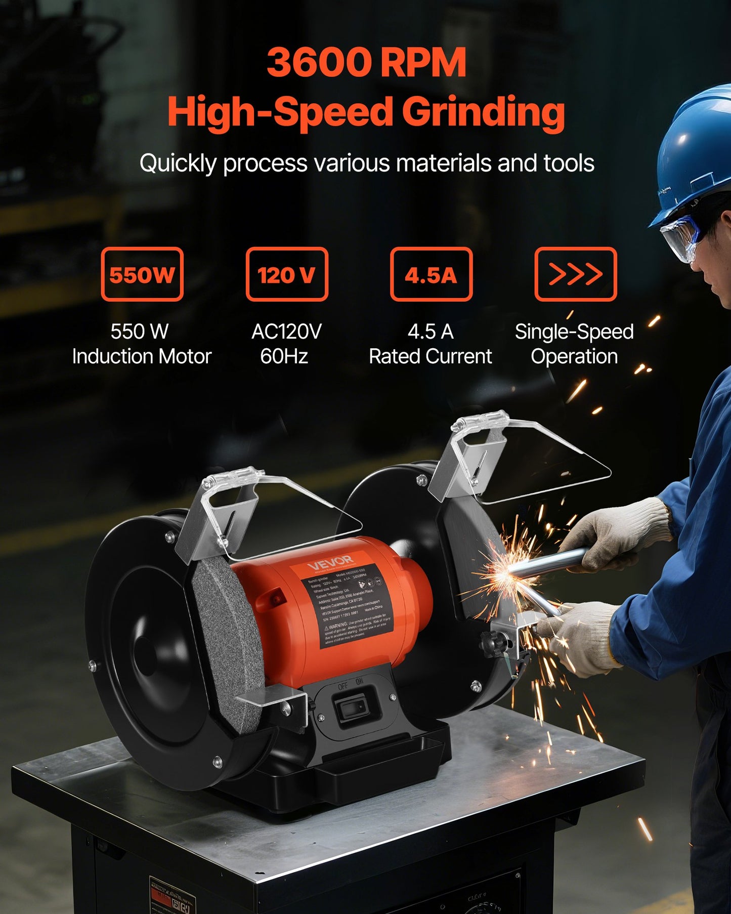 Bench Grinder, 8-inch Single Speed Bench Grinder, 3450RPM High-Speed Table Grinders With 550W 4.5A Induction Motor, 36/60-Grit Grinding Wheel & Adjustable Eye Shield For Fast Sharpening Grinding