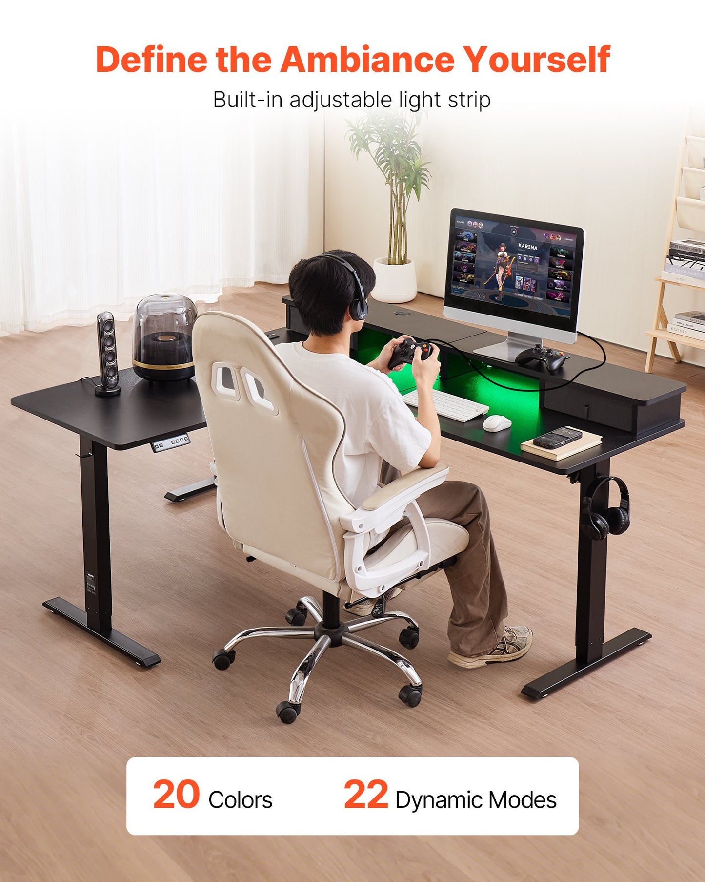 L Shaped Desk Electric Adjustable Height Corner Gaming Desk W/ Light Strip
