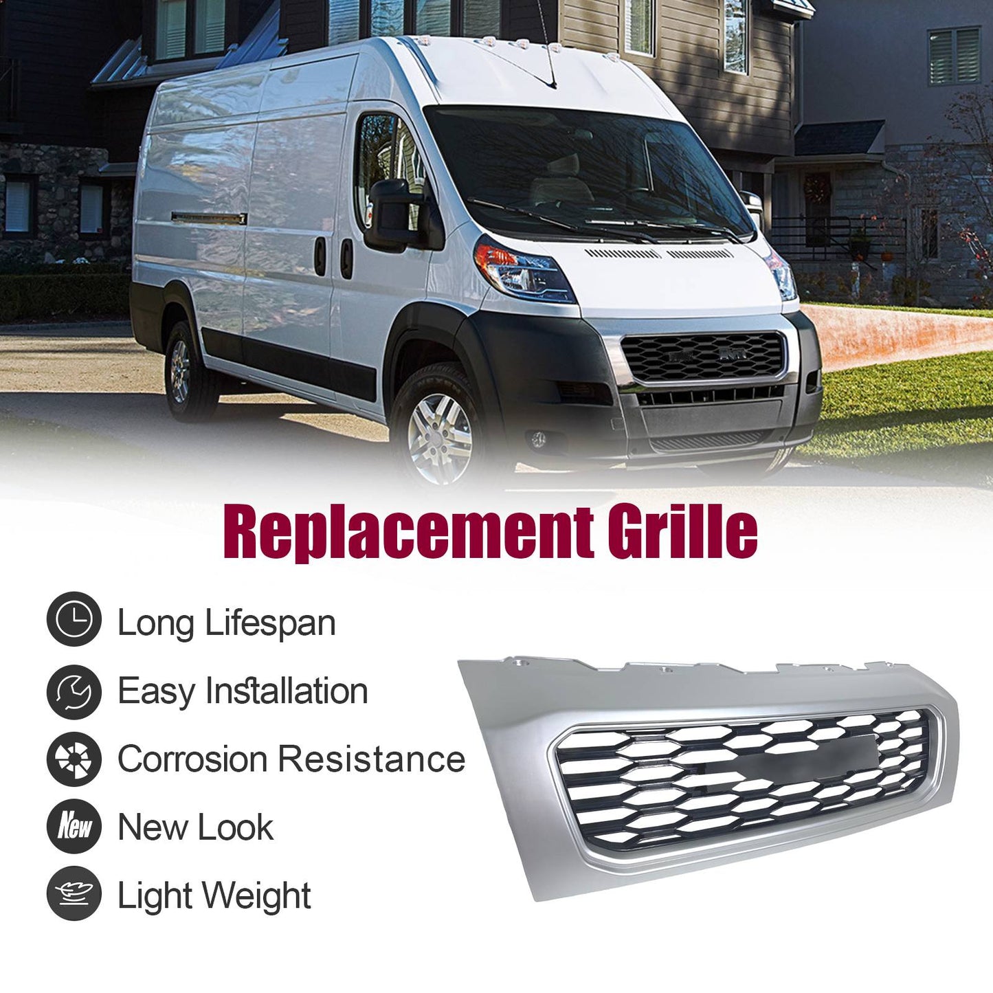 Front Grill For 2019-2022 Ram ProMaster 1500 2500 3500 Gloss Black