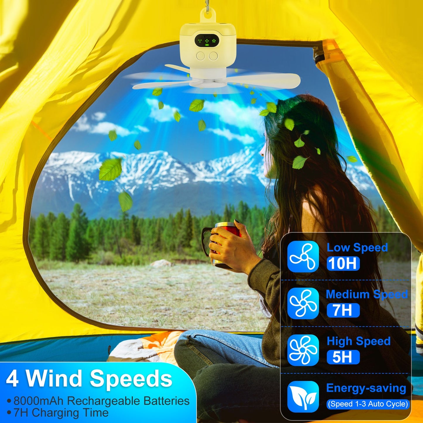 1Pc 2 In 1 Portable Camping Fan With LED Lantern 8000mAh Battery Powered Tent Fan With Carabiner Digital Display 4 Speeds 4 Timer Settings For Camping Canopy Tents RV