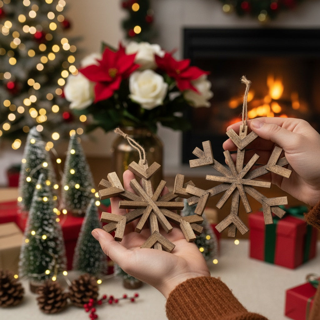 2PCS Set 17.7in Large Wood Christmas Snowflake Ornaments Rustic Tree & Wall Decor Holiday Home Display