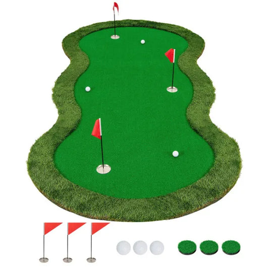 10x5ft Golf Putting Mat (Green) - 3 Real-Sized Holes+Flags, High-Density PP+PE Turf, Indoor/Outdoor Use