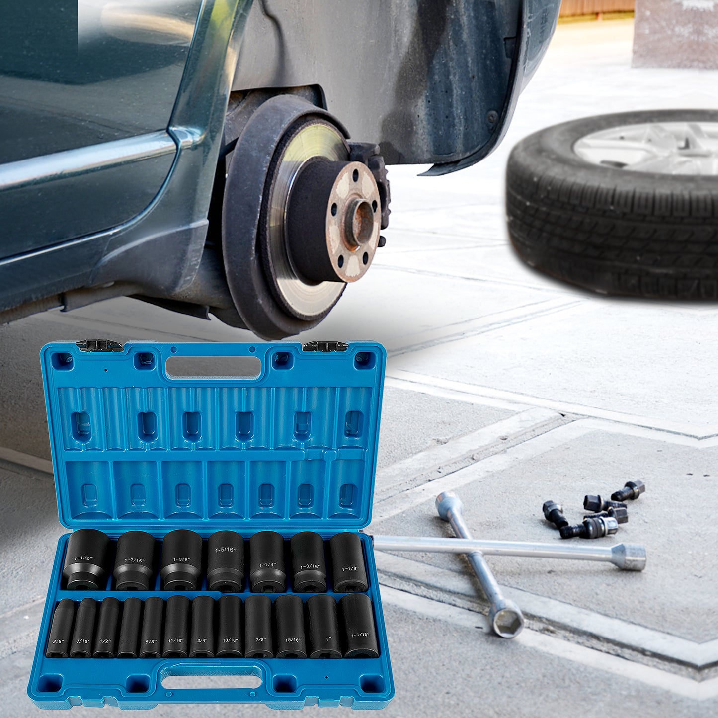 Impact Socket Set 19 Piece Impact Sockets, Deep Socket, 6-Point Sockets, Rugged Construction, Cr-V,  With A Storage Cage