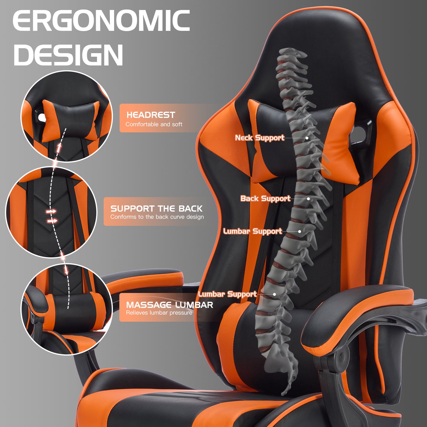 Gaming Chair With Footrest, Ergonomic Computer Chair With Headrest And Lumbar Support, Breathable Material Height Adjustable Video Game Chairs For Adults, Black Orange