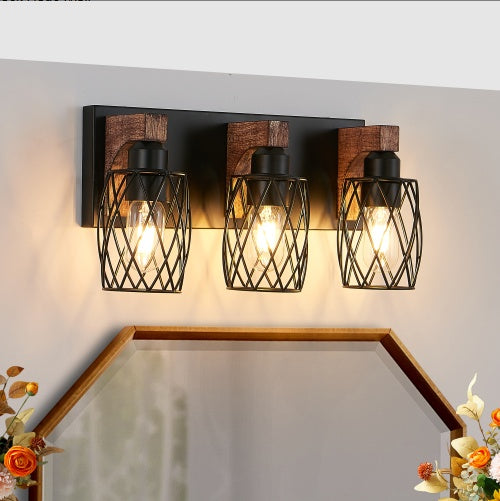 18inch Industrial Vintage 3-Light Wall Sconce - Black Cage Wall Lighting Fixture With Wooden Accents For Bathroom, Hallway, Or Living Room Bulb Not Included