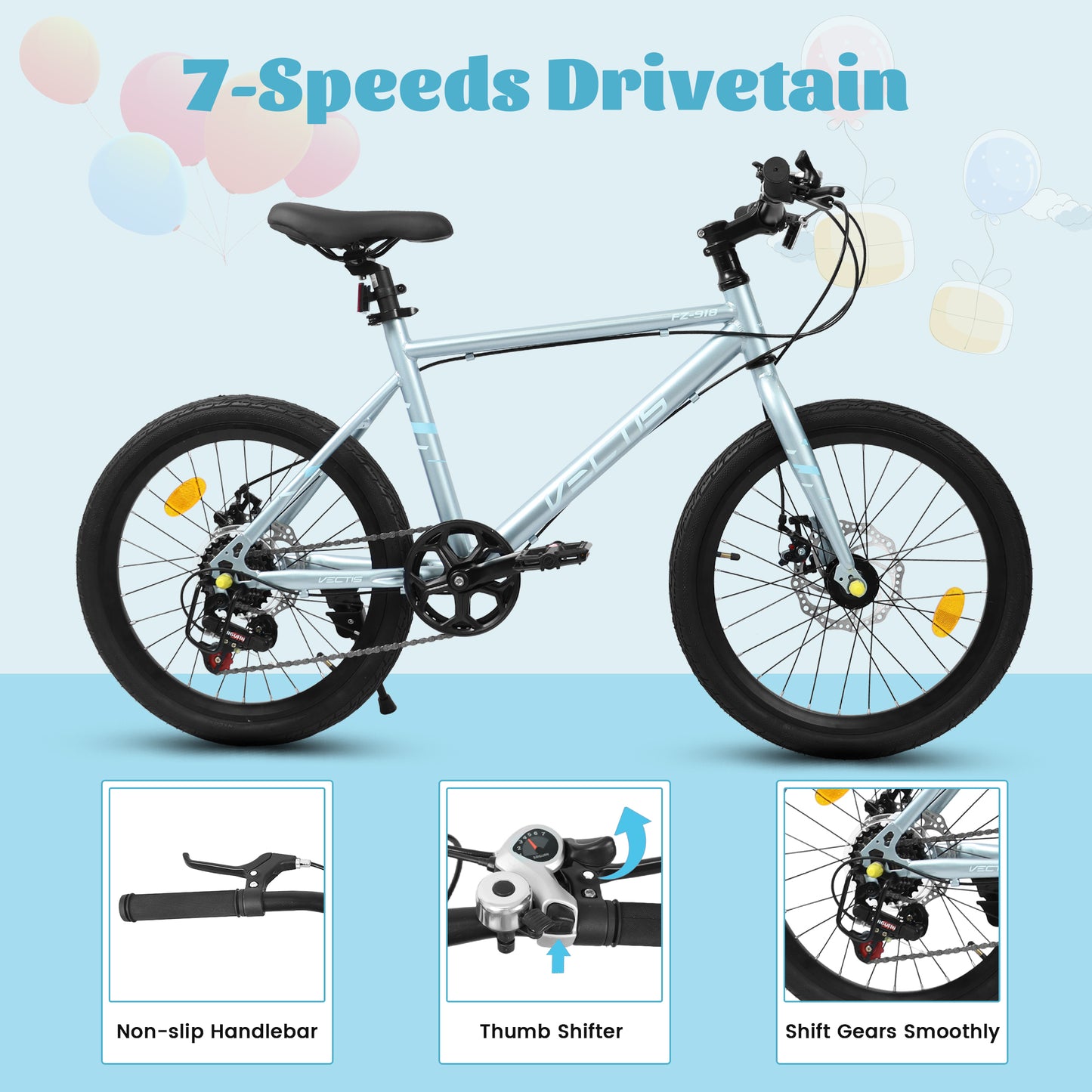 A20183 Kids Bike For 6-12 Years Old, 20 Inch Children's Bicycle For Boys Girls, 7-Speed Steel Frame, , Dual Disc Brakes, 20x1.75 Inch Tires Road Bike, 4 Color Options
