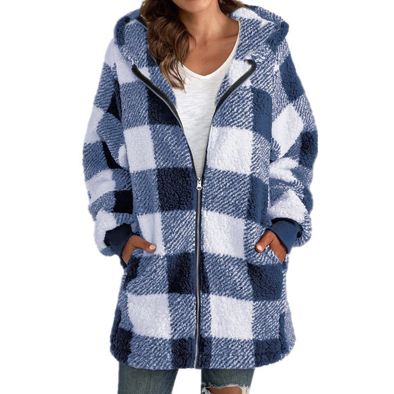 Women's Plaid Hooded Jacket, Long Sleeve Zip Up Oversized Coat With Pockets For Winter Casual And Commute