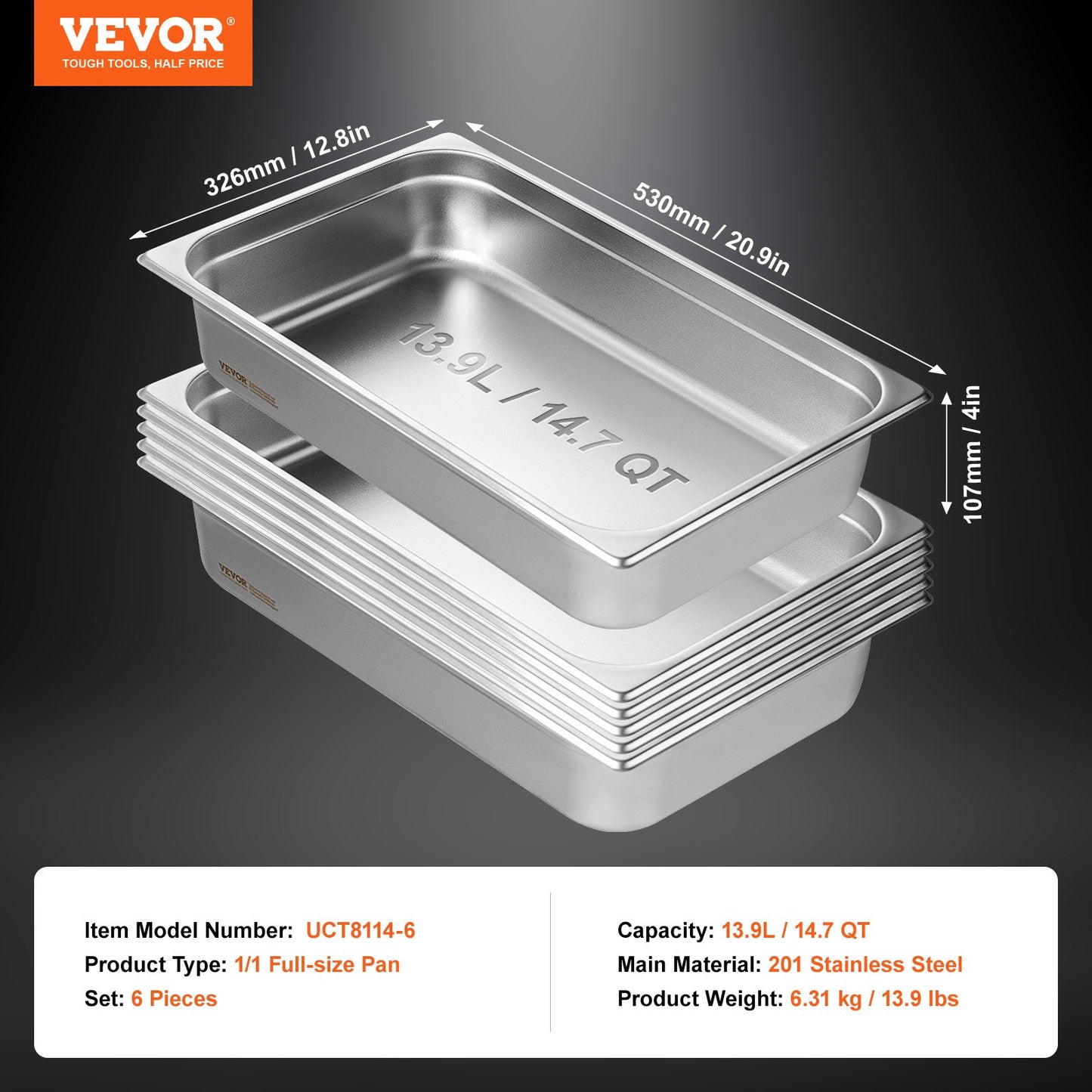 6 Pack Hotel Pans, Full Size Anti-Jam Steam Pan, 0.8mm Thick Stainless Steel Restaurant Steam Table Pan, 4-Inch Deep Commercial Table Pan, Catering Storage Food Pan, For Industrial  Scientific