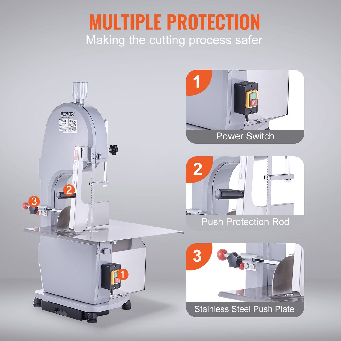 Commercial Electric Meat Bandsaw, 1500W Stainless Steel Countertop Bone Sawing Machine, Workbeach , 0.16-7.9 Inch Cutting Thickness, Frozen Meat Cutter With 6 Blades For Rib Pork Beef