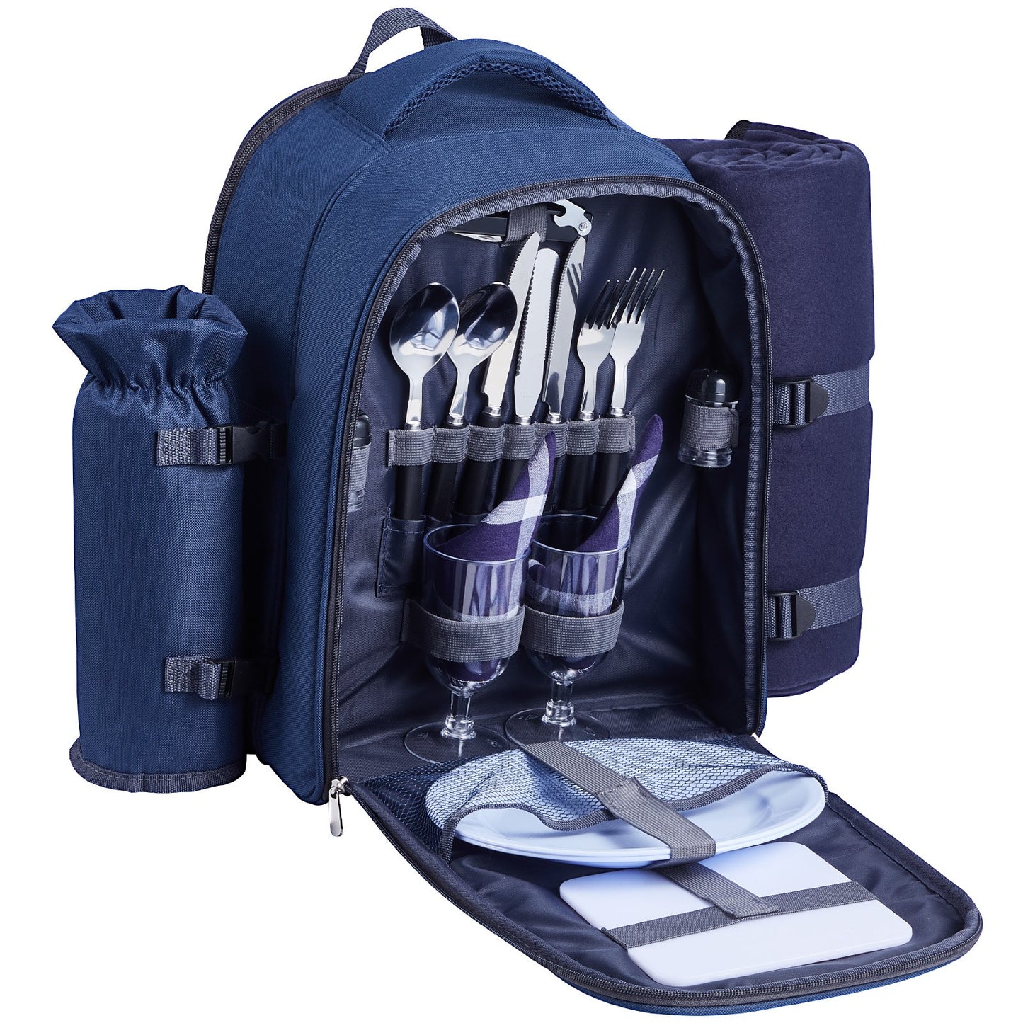Beach Picnic Backpack Bag For 2 Person With Cooler Compartment Navy Blue