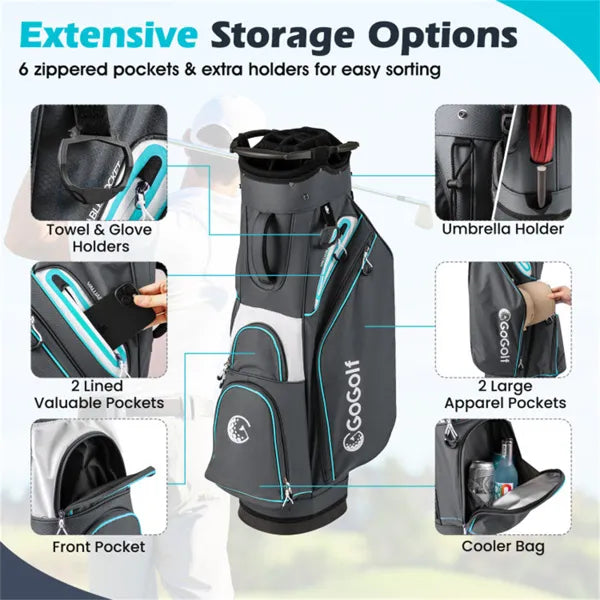 14-Way Golf Cart Bag - 6 Zippered Pockets+Cooler Pocket, Waterproof Zippers, Gray+Blue