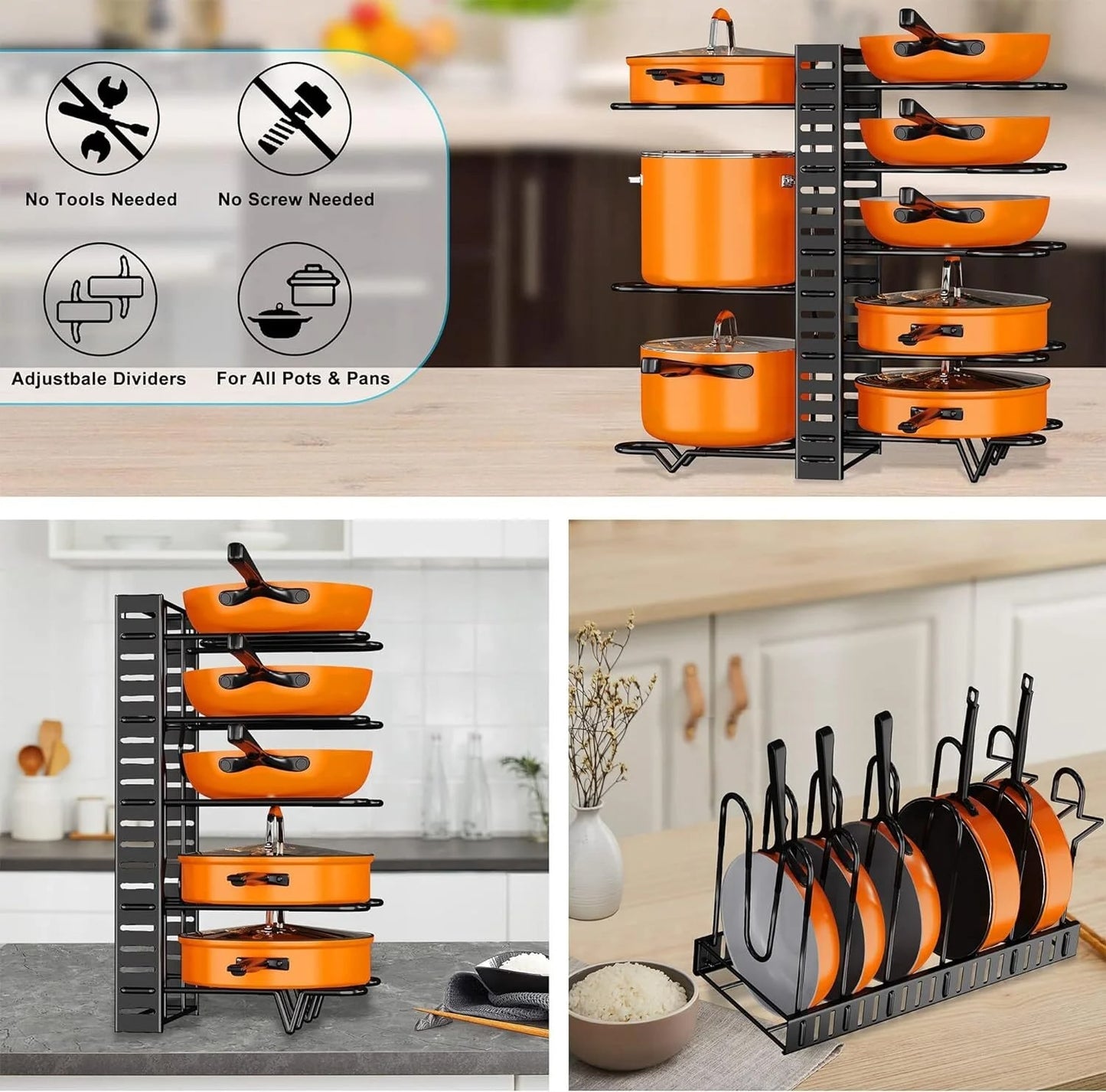 Upgraded 2 Piece Cookware Set Organizer Rack And Dish Drying Rack 8 Tier Pot And Pan Organizer For Kitchen Counter