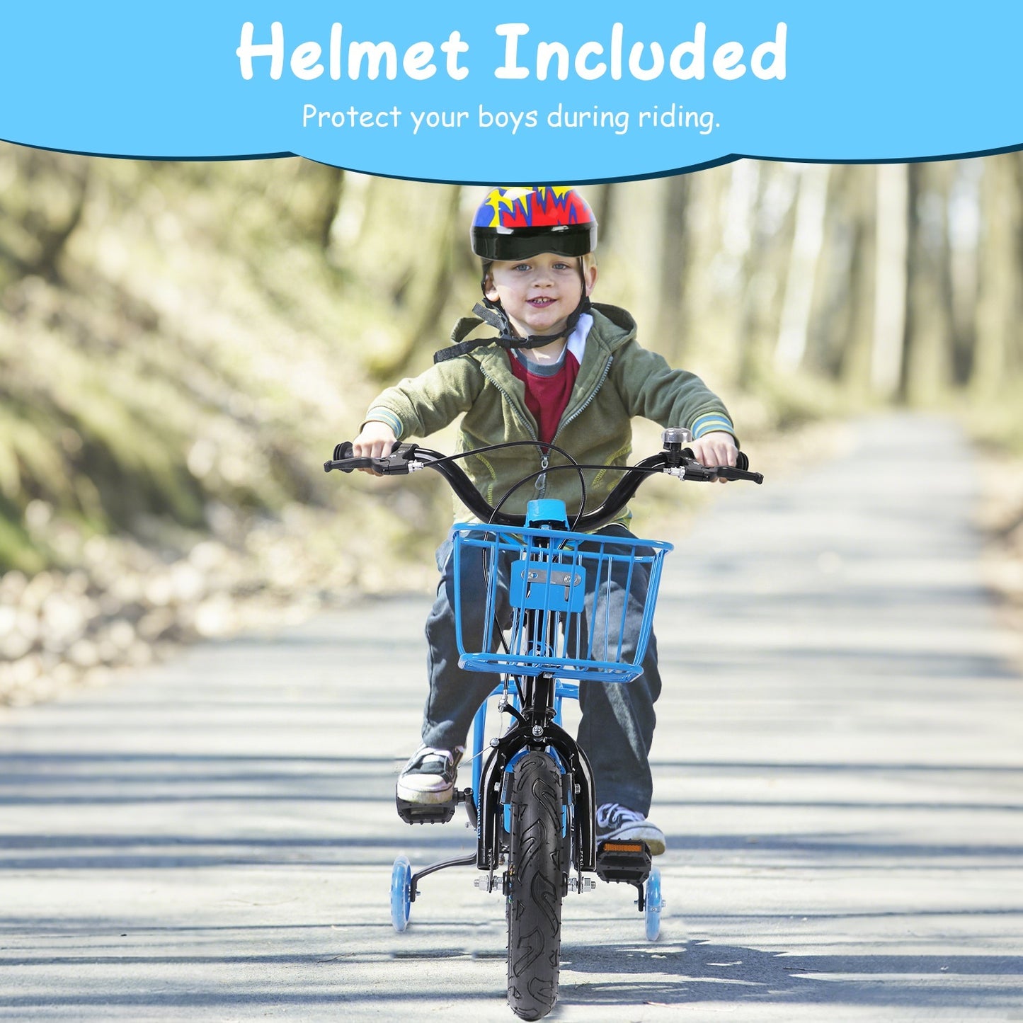 1Set 16In Kids Bike With Training Wheels Children Bicycle With Helmet Basket Rear Seat Chain Guard For Boys Aged 4 To 7 Years Old