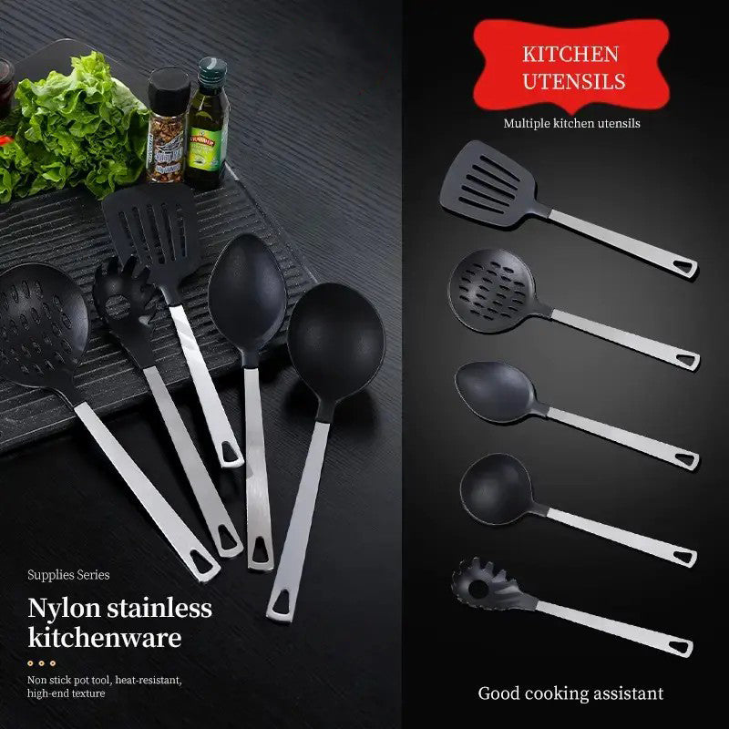 Cooking Utensil Set Premium 5 Piece Kitchen Utensil Set - Stainless Steel Handle And Nylon Faucet, Non-Stick, Heat Resistant, For Home, Kitchen Gift