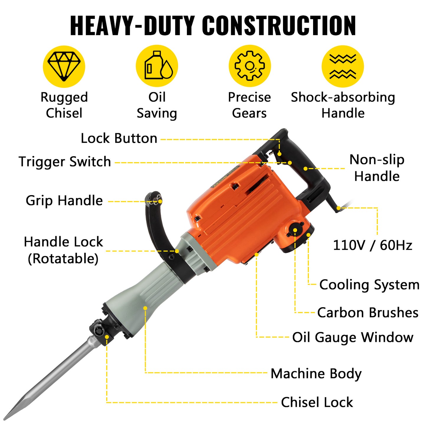 Demolition Jack Hammer, 2200W 1400 BPM Jack Hammer Concrete Breaker, Heavy Duty Electric Jack Hammer 6pcs Chisels Bit With Gloves, Swiveling Front Handle For Trenching And Breaking Holes
