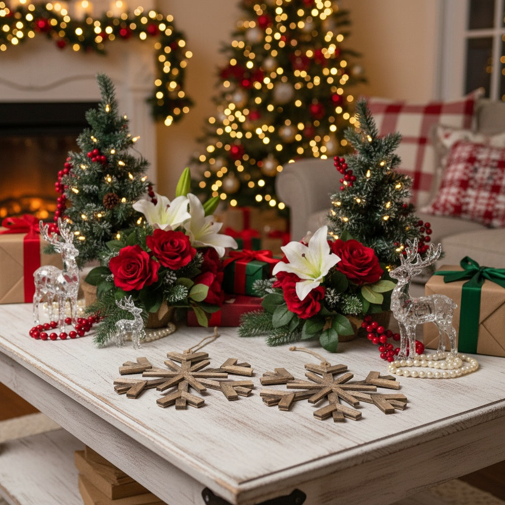 2PCS Set 17.7in Large Wood Christmas Snowflake Ornaments Rustic Tree & Wall Decor Holiday Home Display