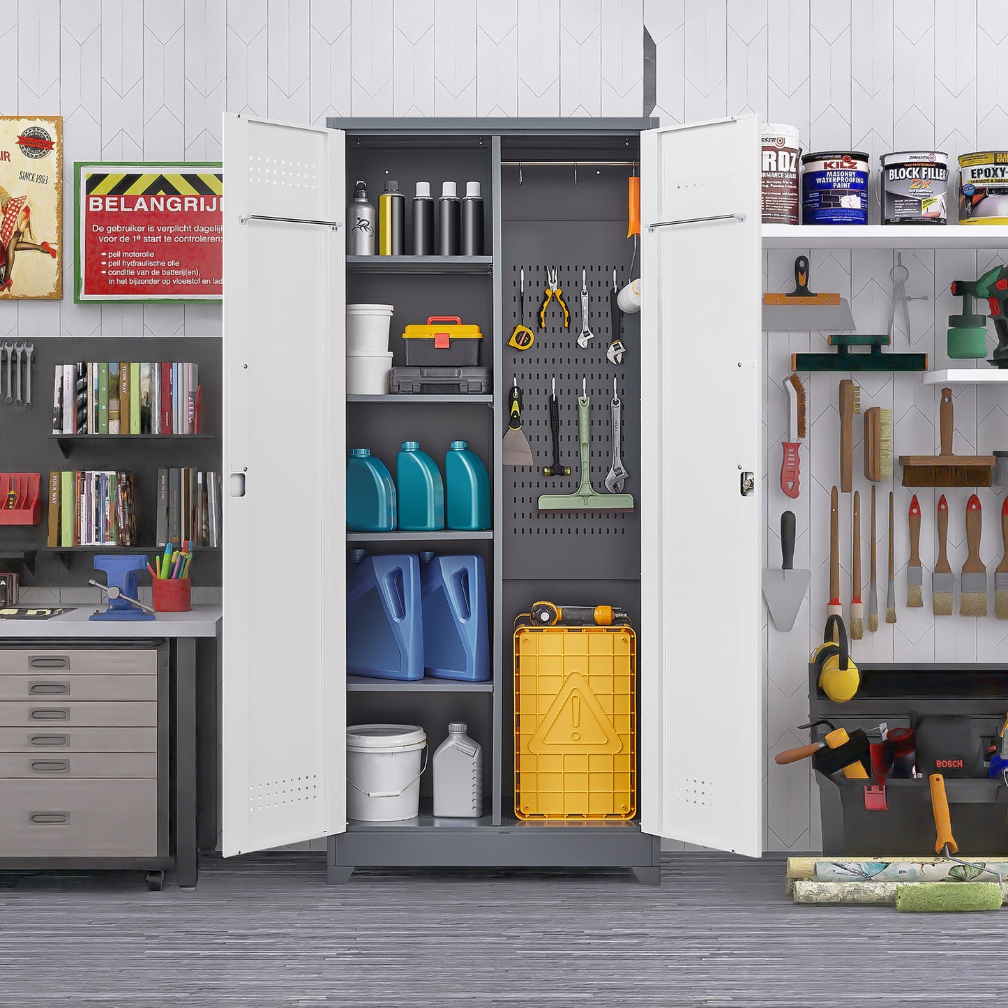 Gray Metal Lockers, Cleaning Tool Cabinets With Locking Doors, High Broom Tool Storage Cabinets, Adjustable Shelves, Large Cabinets For Kitchens, Offices, Shops. 72 Inches