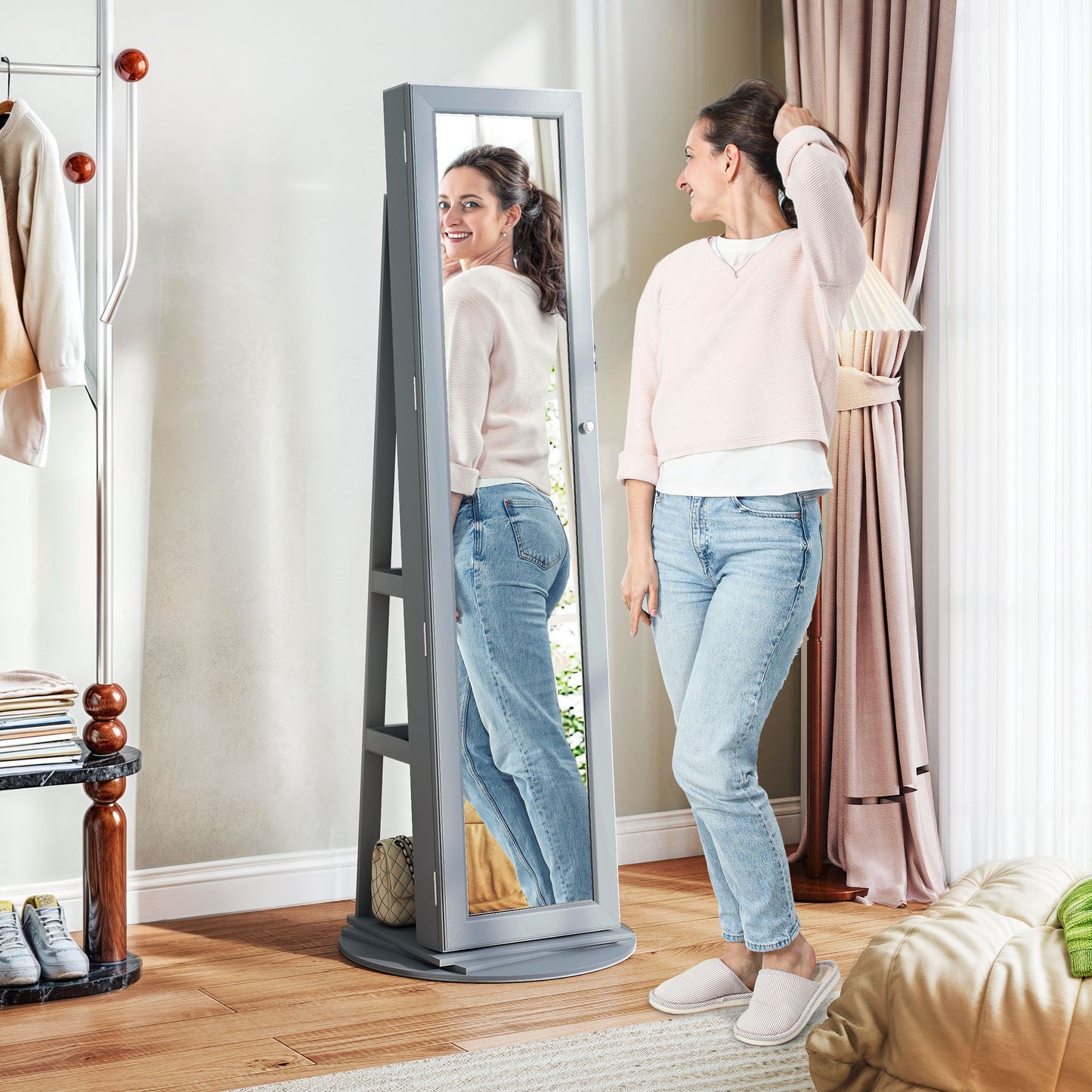 360° Swivel Jewelry Armoire, Lockable Jewelry Cabinet with Full-Length Mirror, Storage Shelves, Gray