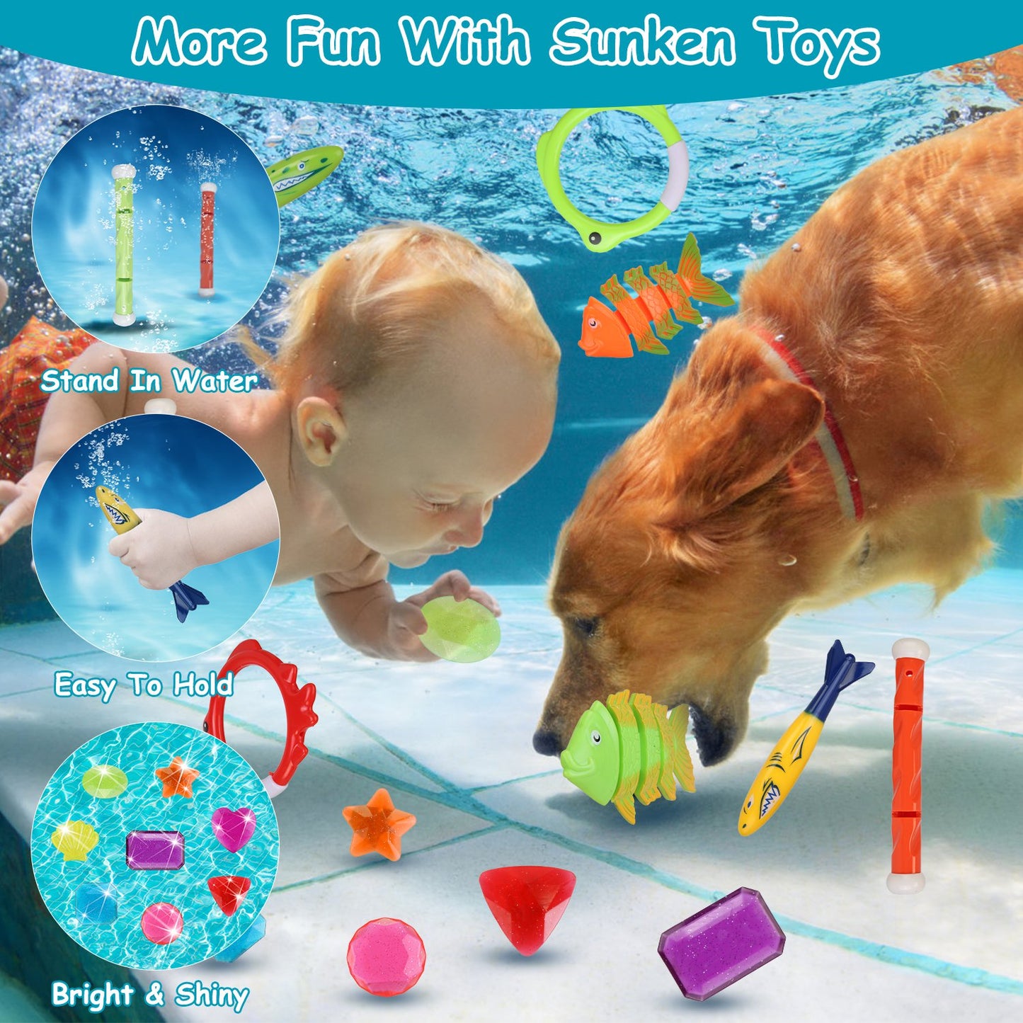 Set Of 24Pcs Diving Toys Swimming Pool Toys Swim Toys For Kids Above Aged 3 Years Old Swim Thru Rings Torpedoes Gems Volleyball Storage Bag