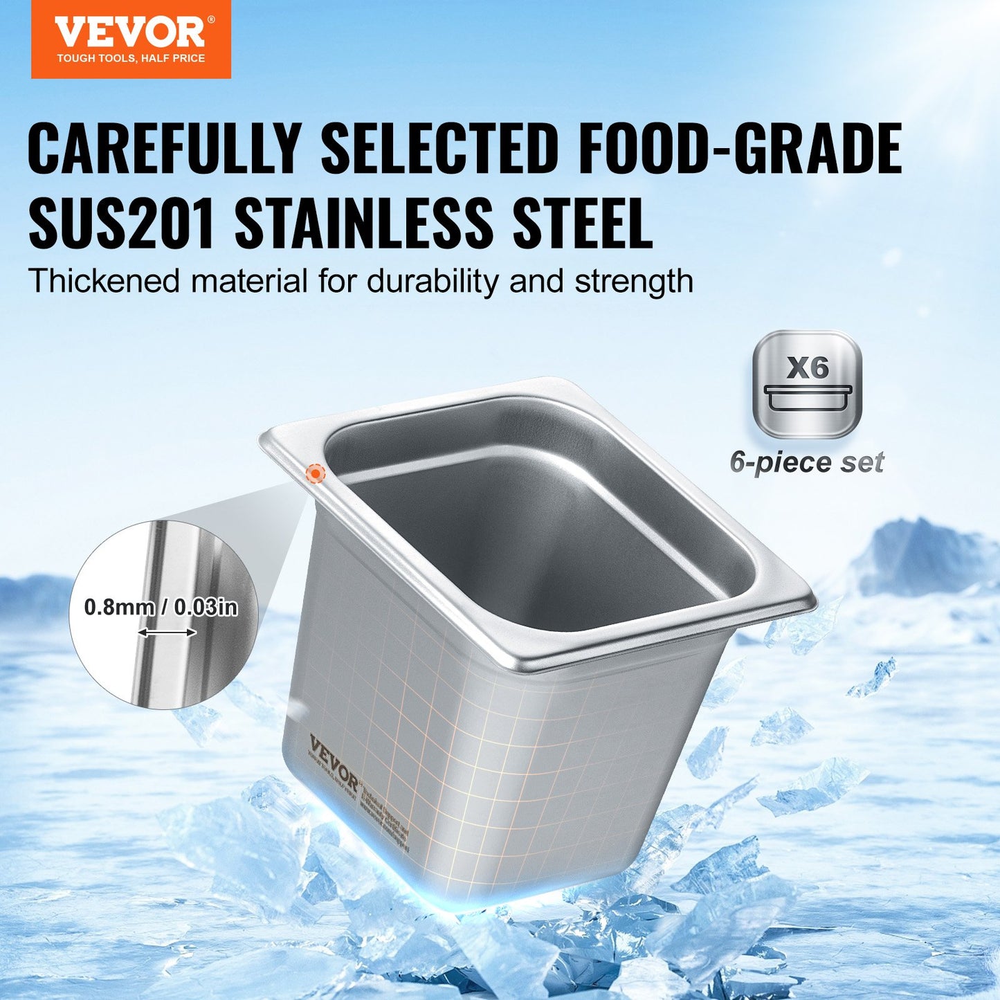 6 Pack Hotel Pans, Size Anti-Jam Steam Pan, 0.8mm Thick Stainless Steel Restaurant Steam Table Pan, 6-Inch Deep Commercial Table Pan, Catering Storage Food Pan, For Industrial & Scientific