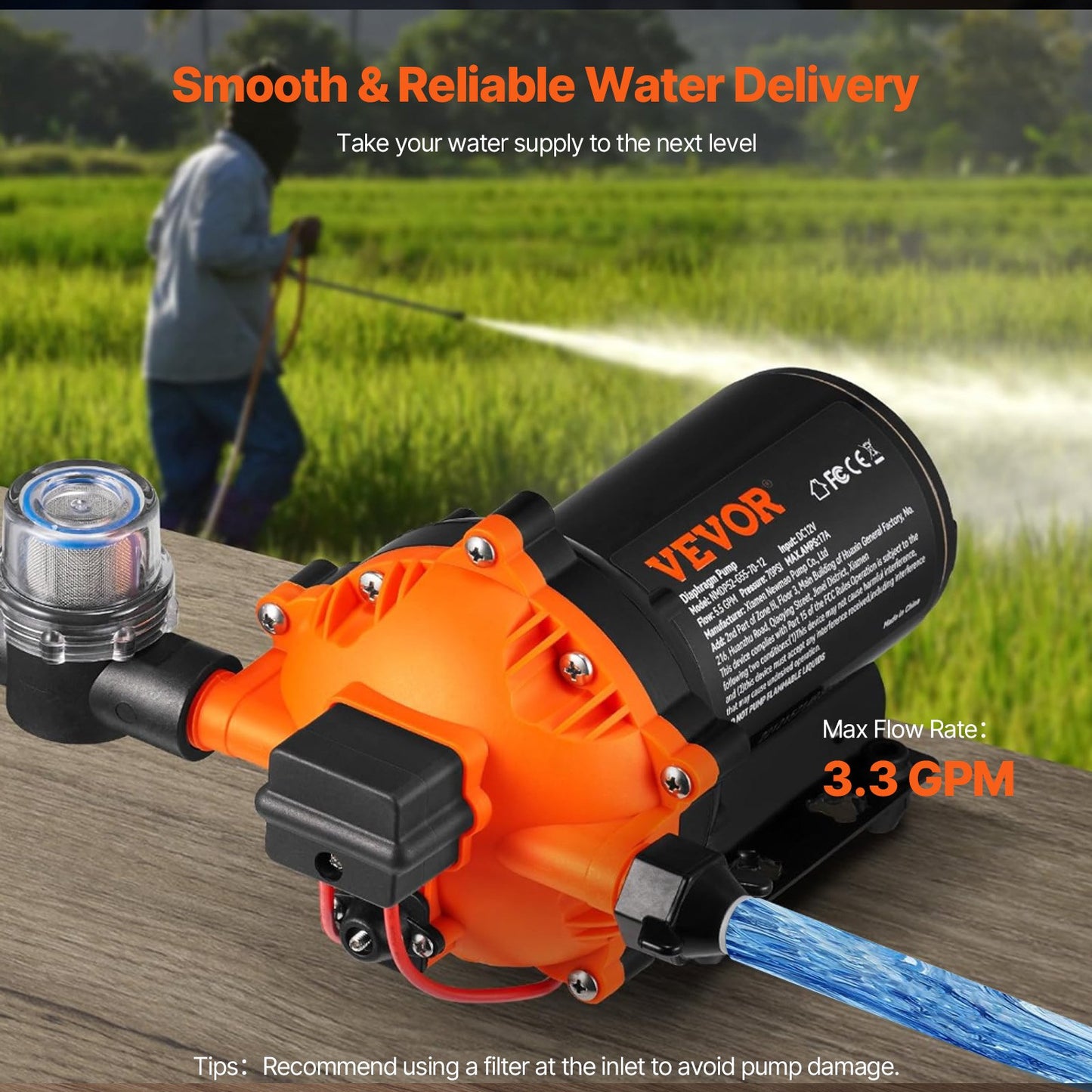 Water Diaphragm Pump, 110V AC, 3.3 GPM Flow, 45 PSI Rated Pressure (40-80 PSI Adjustable), 1/2" MNPT Self Priming Sprayer Pump With Pressure Switch For RV Camper Marine Boat Lawn, FCC Certified
