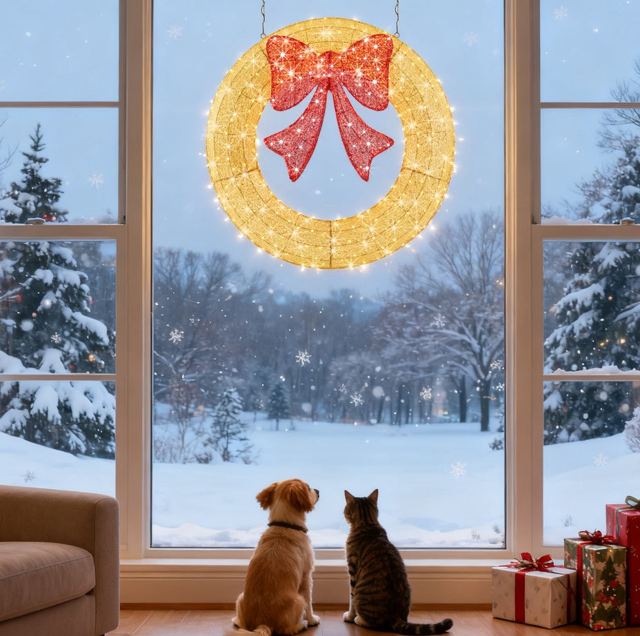 Christmas Wreath Decoration, LED Metal Holiday Decoration In Green Yellow