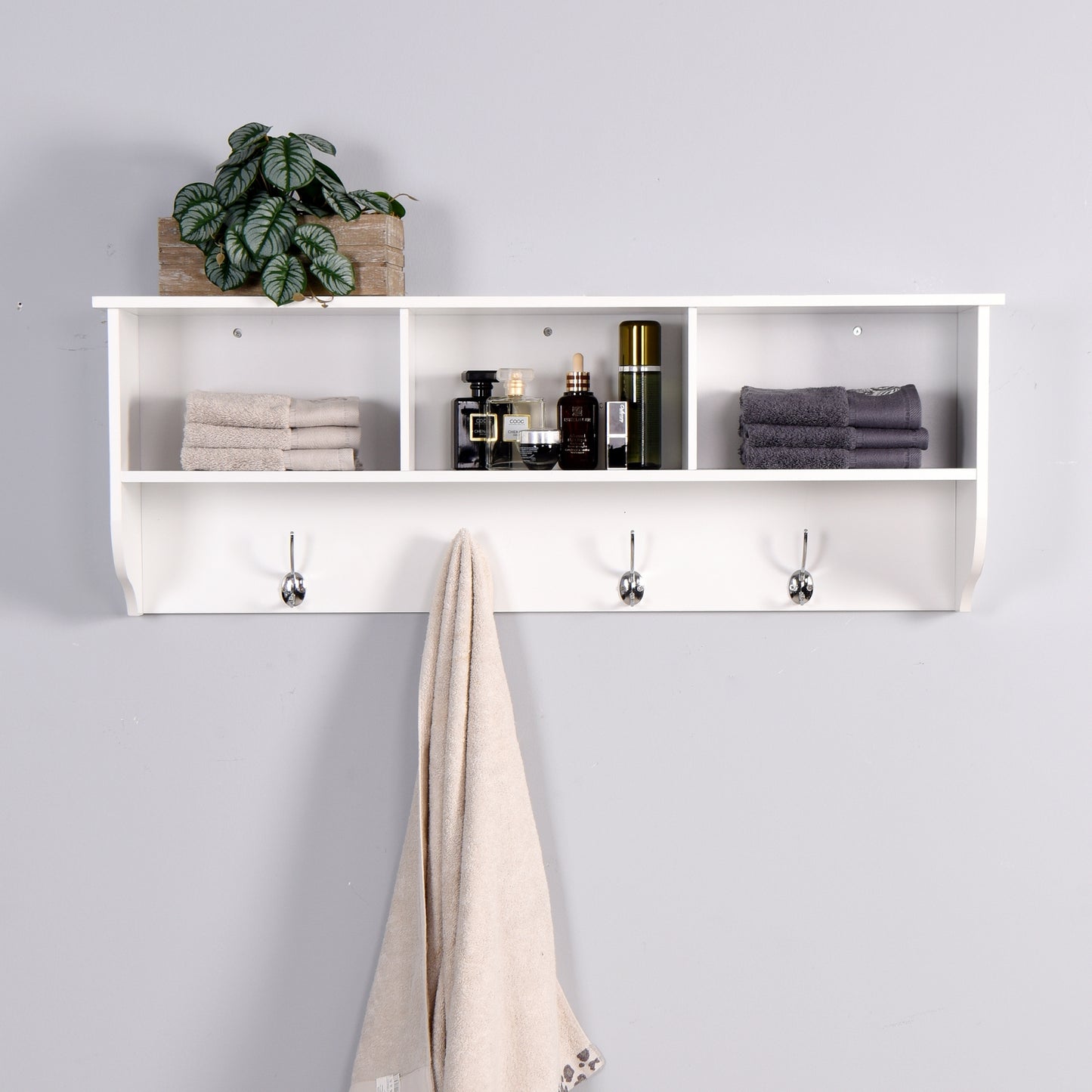 White Entryway Coat Rack With 4 Hooks & Wooden Storage Shelf For Living Room
