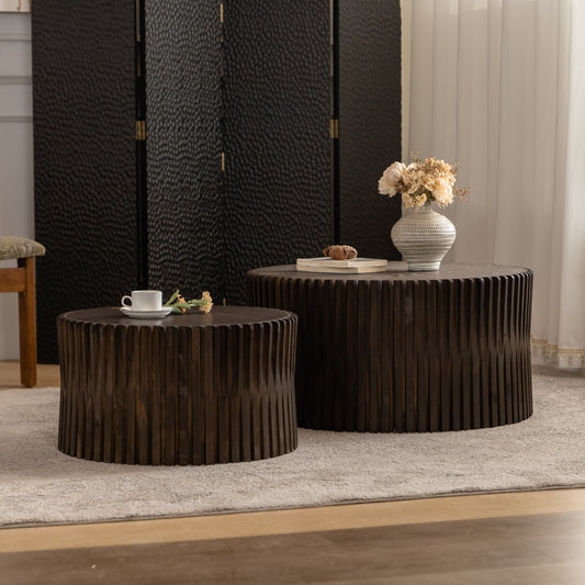 Vintage Fashion Style Cylindrical Nesting Coffee Table Set With Vertical Textured Embossed Design For Living Room, Office And Dining Room, Dark Brown  Set Of 2