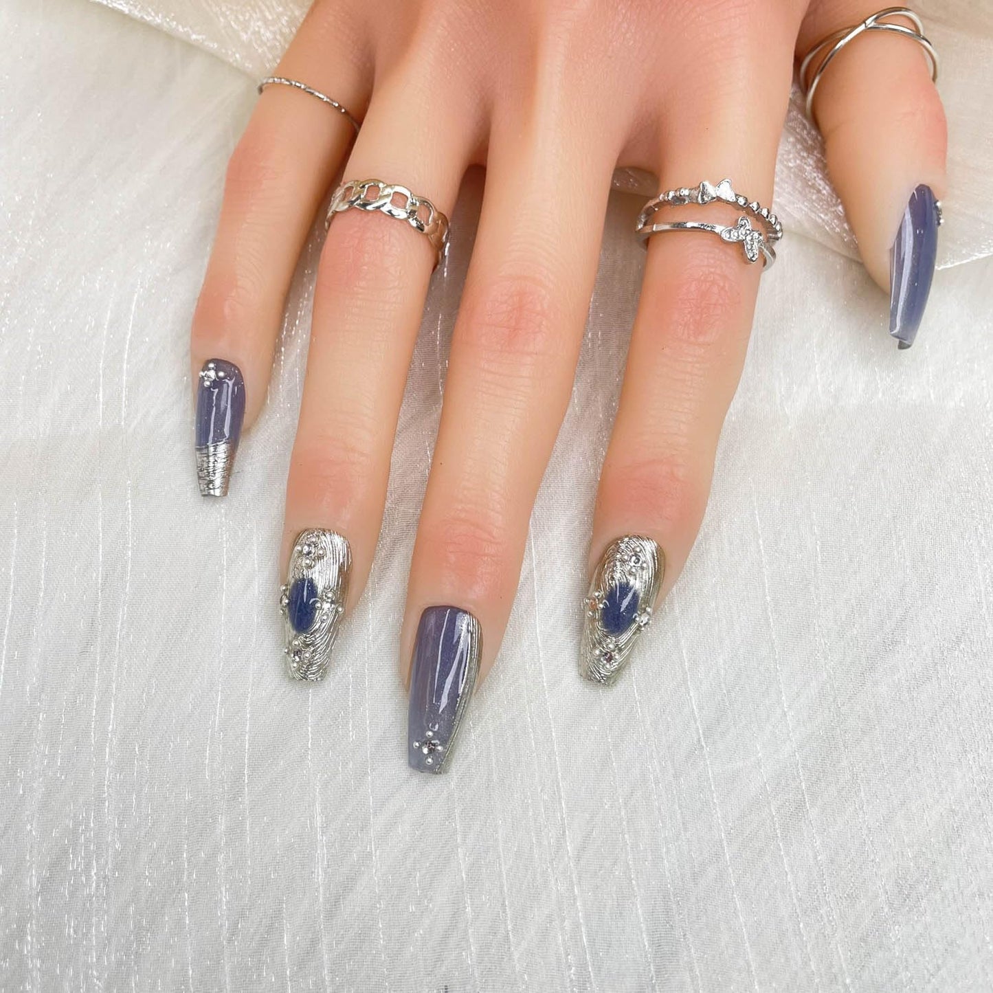 GGDDSHA 10pcs Press On Nails Long Coffin Fake NailsFashion Rhinestone Design Art Charms For WomenHandmade Nail Art Manicure Gradient,Mercury Veil