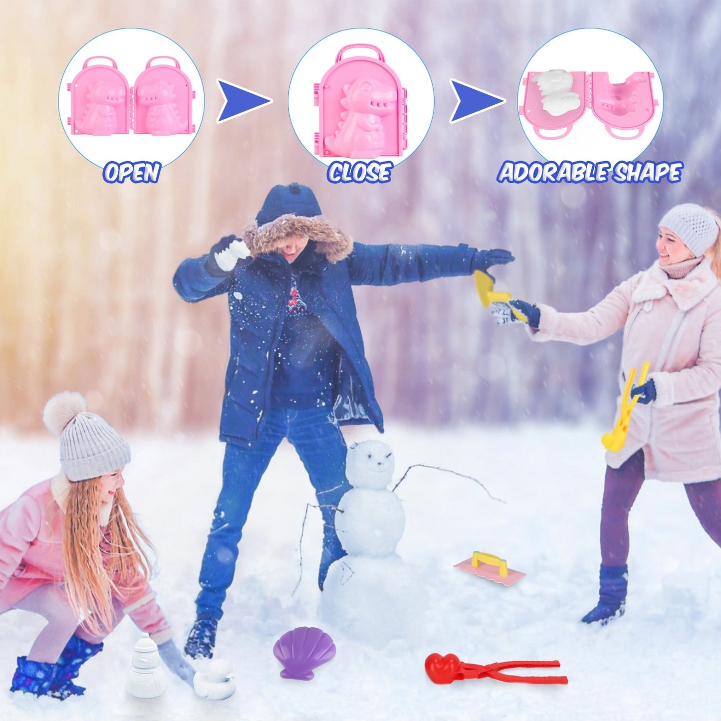 Set Of 15Pcs Winter Snowball Tool Kit Kids Snow Molds Outdoor Snow Beach Toys For Kids Toddlers Adults Snowman Snowflake Duck Dinosaur