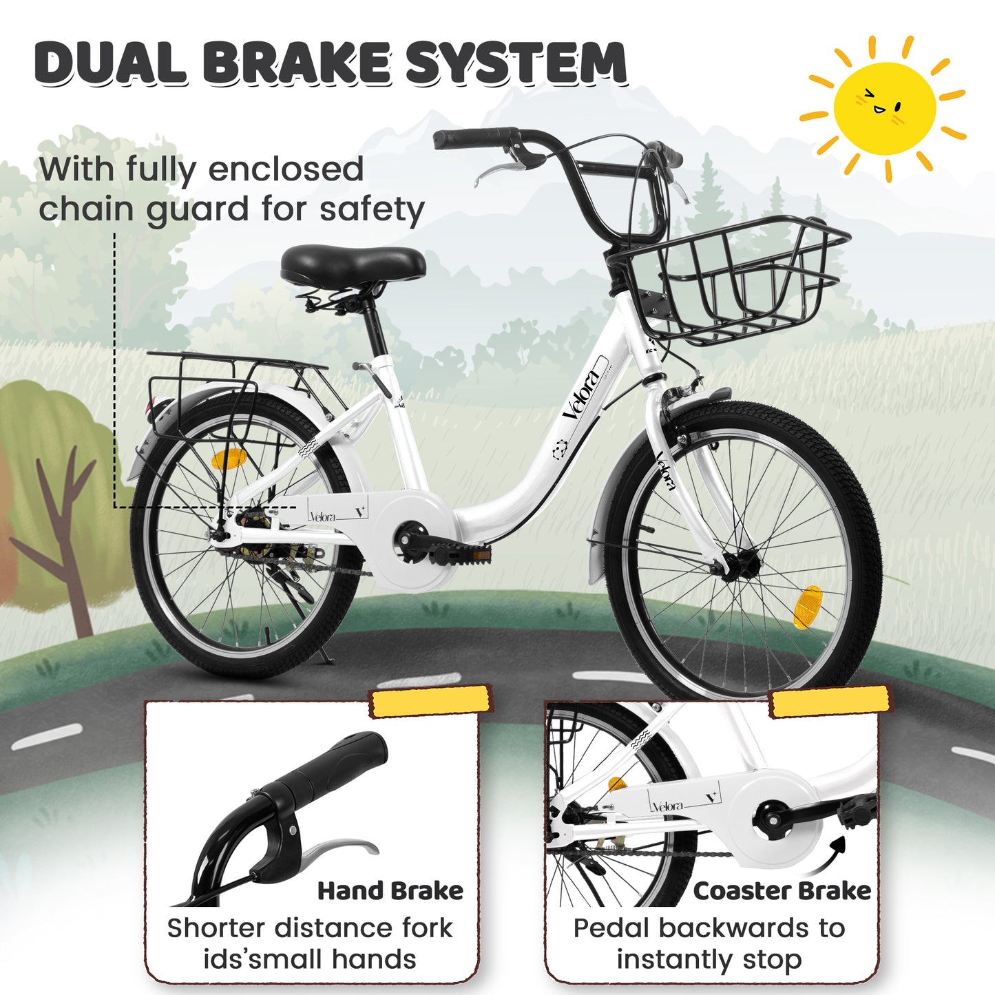 A20182 20 Inch Kids Bike For Boys & Girls, Children's Bicycle With Coaster Brake & V-Brake, 1-Speed, Chain Guard & Rear Rack, Lightweight Steel Frame Pink, Green, Purple, White