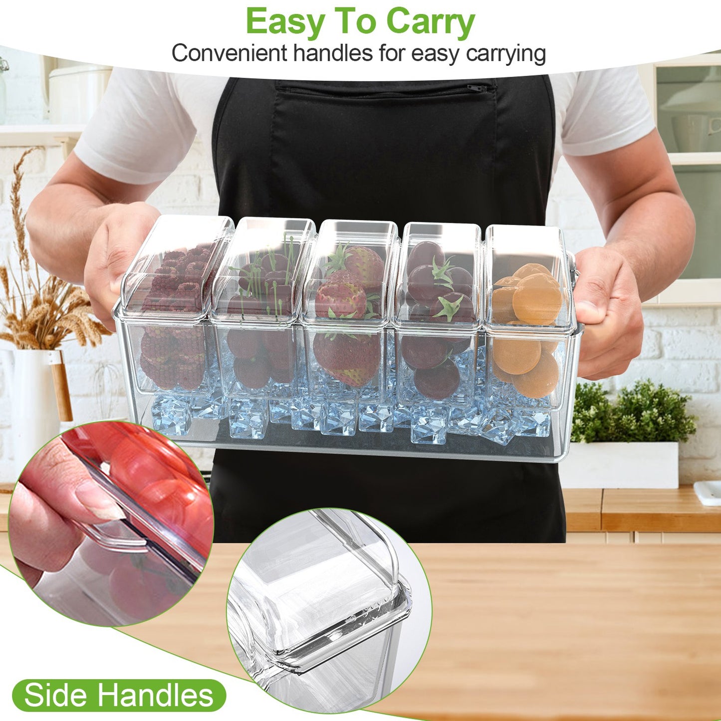 1Set Ice Chilled Condiment Caddy Serving Tray Container Bar Garnish Holder Salad Platter Server Food Storage With 5 Removable Containers 5 Lids 2 Tongs 5 Sporks