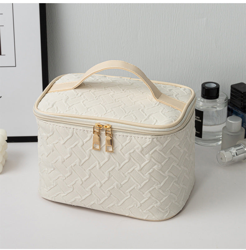 White Premium Large CapacityPortable Travel Makeup Bag, Multi-functionalCosmetic Organizer, Stain-resistant, HandheldSquare Bag