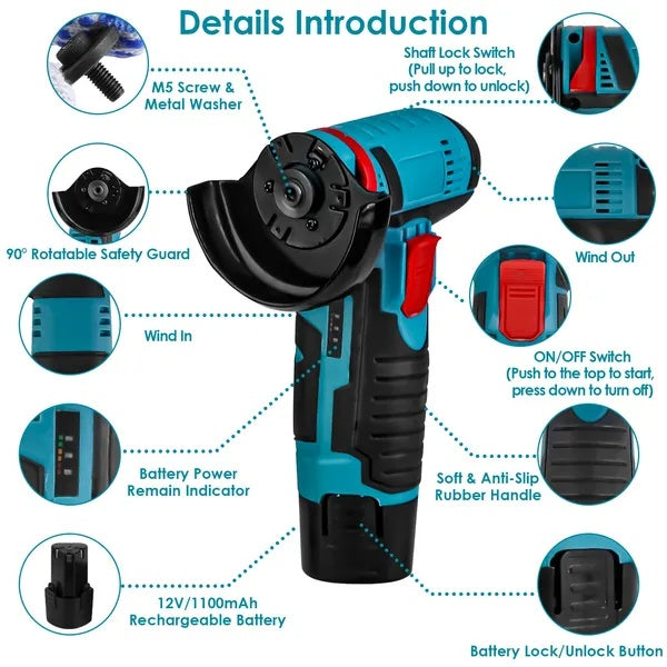 12V Cordless Mini Angle Grinder Hand Polishing Grinding Machine Cordless Cutter Grinding Tool With 7Pcs Disc 2Pcs 1100mAh Batteries And Charger Hex Key